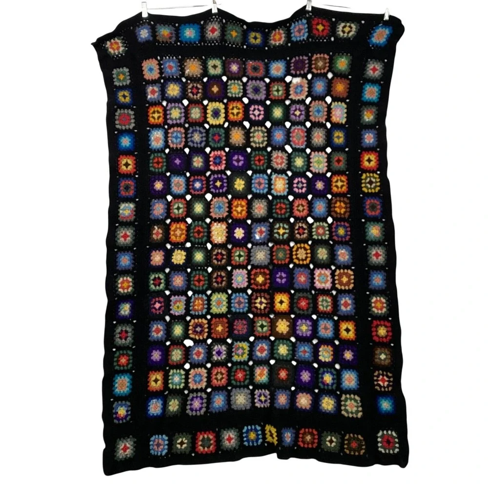 Vintage Berlou Wool Granny Square‎ Throw Blanket Afghan 61.5x39.5 Multicolor